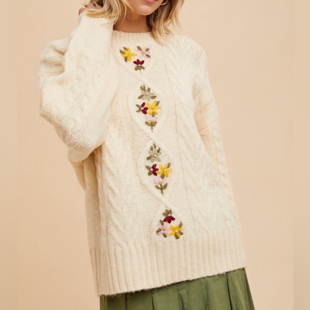 New Floral Embroidered Vanilla Cream Sweater - Picture 3 of 13